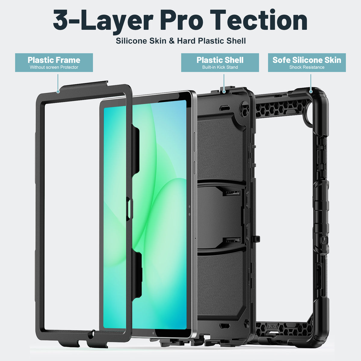 SEYMAC Galaxy Tab A11+ 11 Inch Case (2025) showing 3-layer pro tection with silicone skin and hard plastic shell.