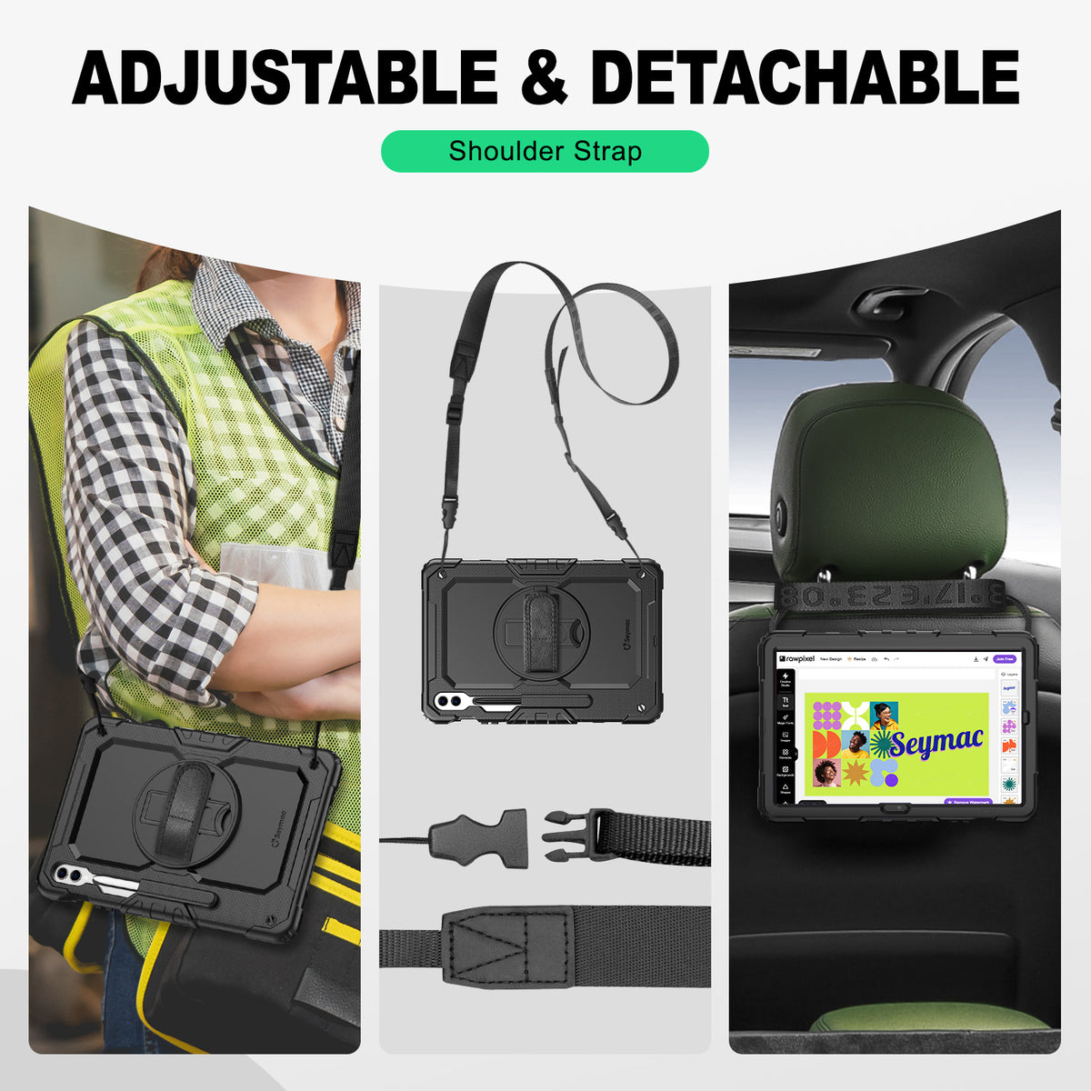 Samsung Galaxy Tab S10+/S9 FE+/S9+ 12.4-Inch rugged case with hand strap, adjustable & detachable shoulder strap