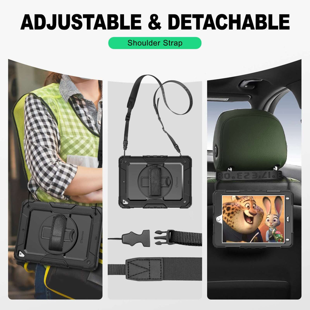 iPad Air (2nd Gen) 9.7-Inch rugged case with hand strap, adjustable & detachable shoulder strap