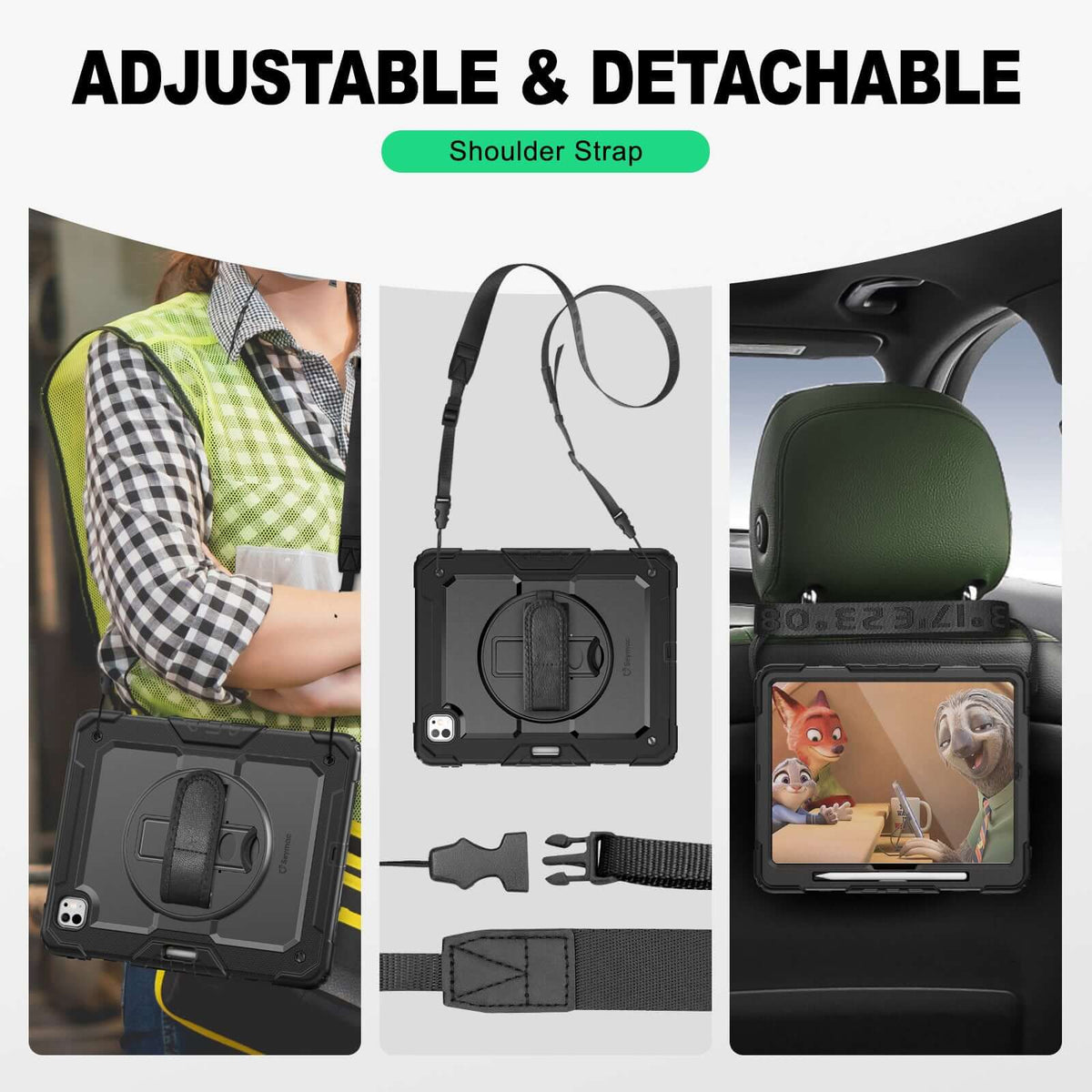 iPad Pro 13 Inch (M5/M4) rugged case with hand strap, adjustable & detachable shoulder strap