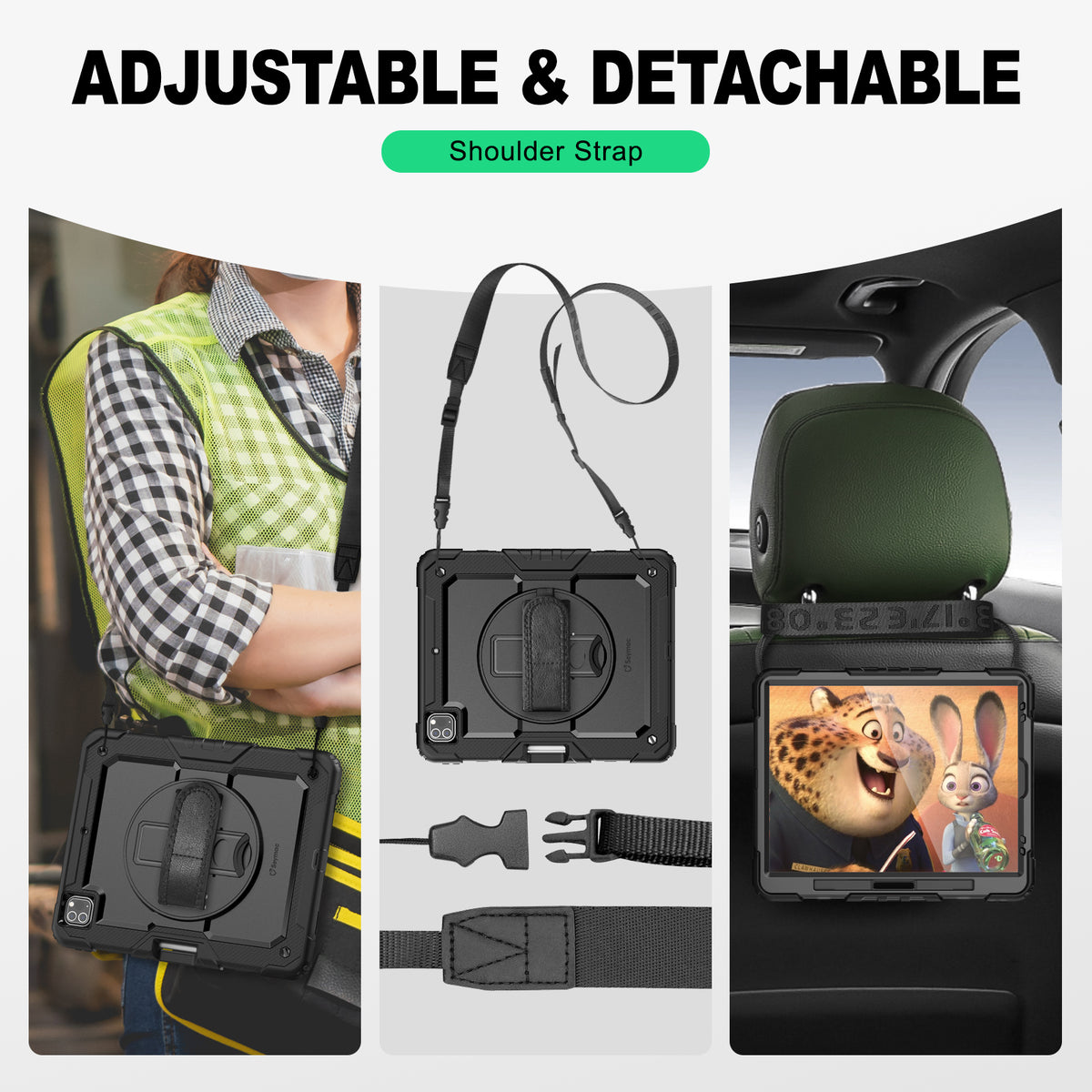 iPad Pro 12.9 Inch (3rd/4th/5th/6th Gen) rugged case with hand strap, adjustable & detachable shoulder strap