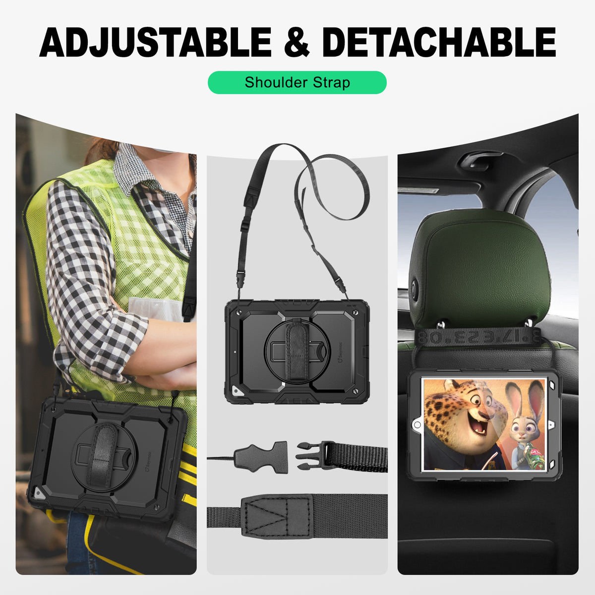 iPad Air (3rd Gen) 10.5-Inch rugged case with hand strap, adjustable & detachable shoulder strap