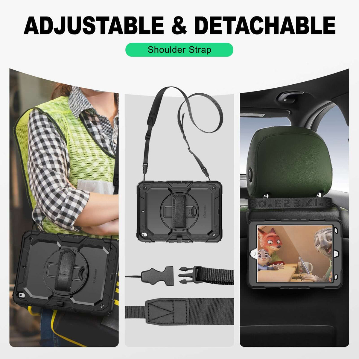 iPad 10.2 Inch 7th/8th/9th Gen rugged case with hand strap, adjustable & detachable shoulder strap