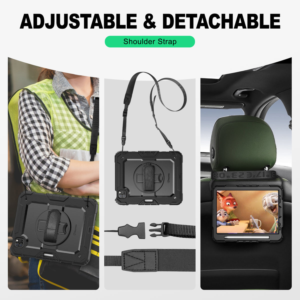 iPad Pro 11" (4th/3rd/2nd/1st Gen) rugged case with hand strap, adjustable & detachable shoulder strap