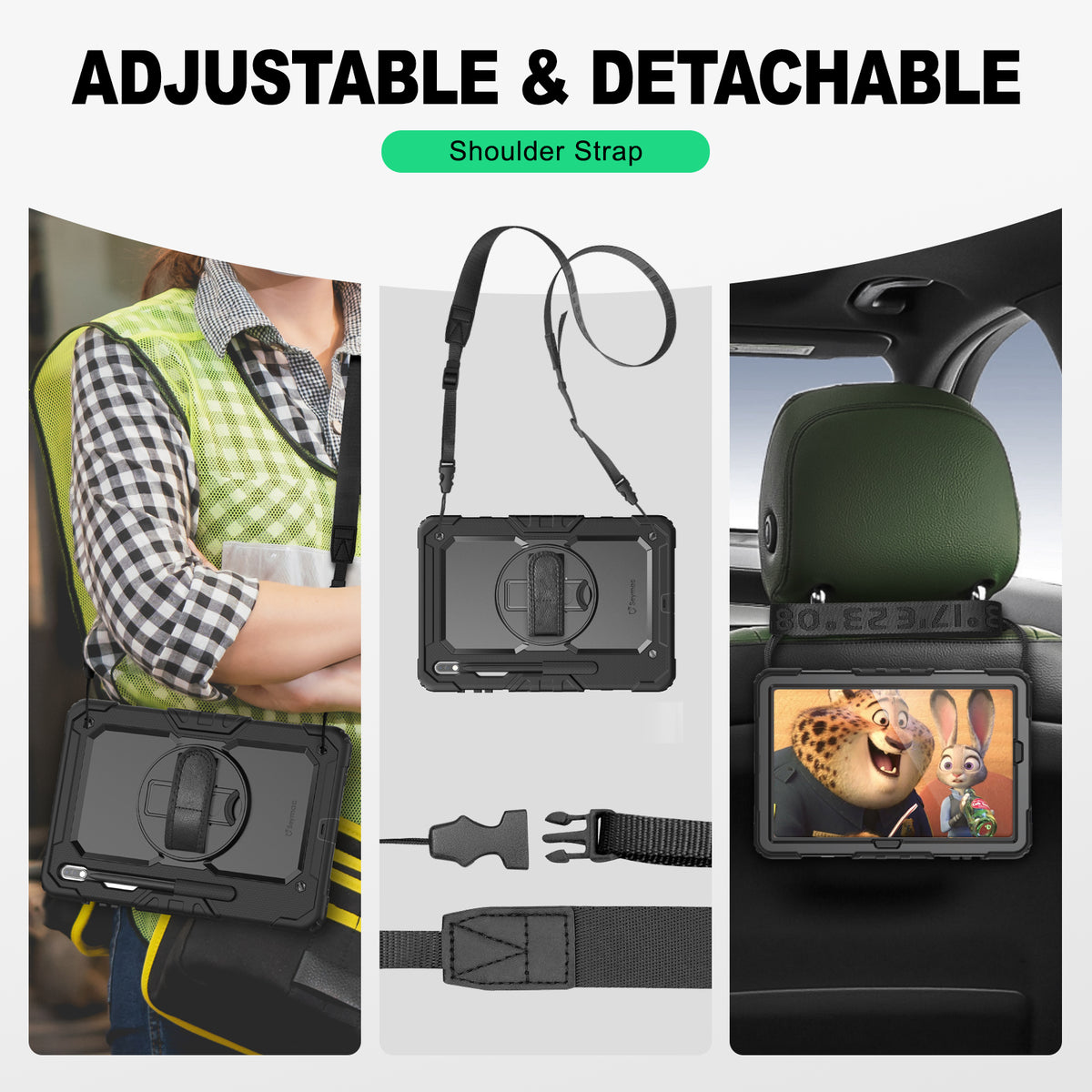 Samsung Galaxy Tab S8+/S7+/S7 FE 12.4 Inch rugged case with hand strap, adjustable & detachable shoulder strap