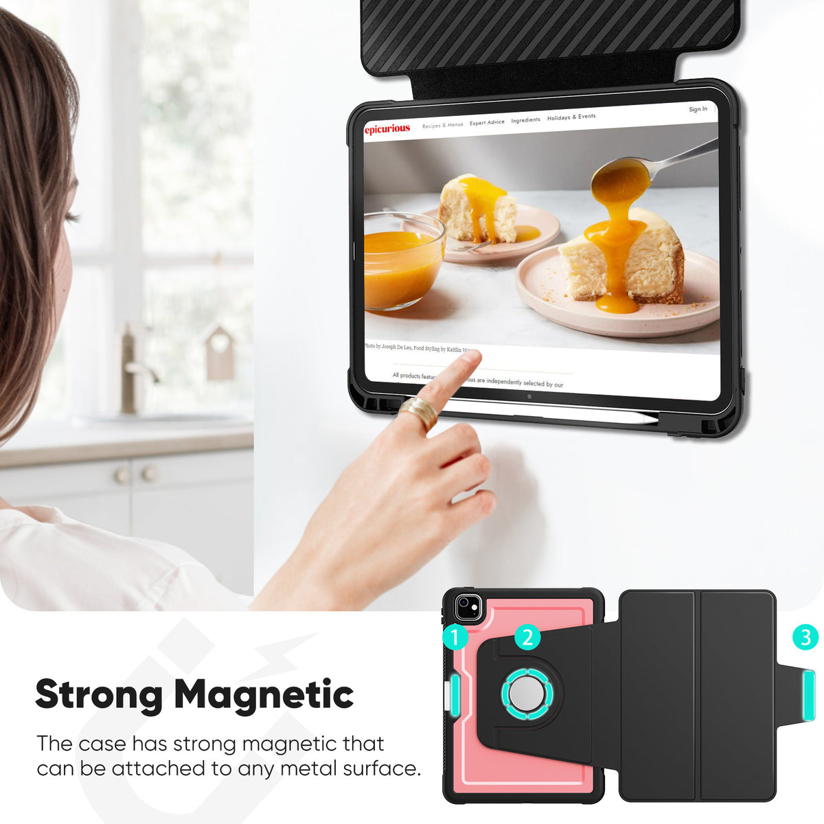 SEYMAC iPad Pro 11 Inch Case (M5/M4) showcasing strong magnetic attachment on metal surface.
