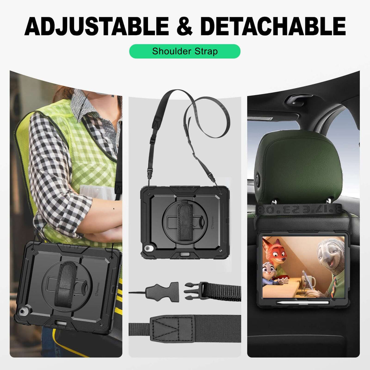 iPad Air 13-Inch (M4/M2/M3) rugged case with hand strap, adjustable & detachable shoulder strap