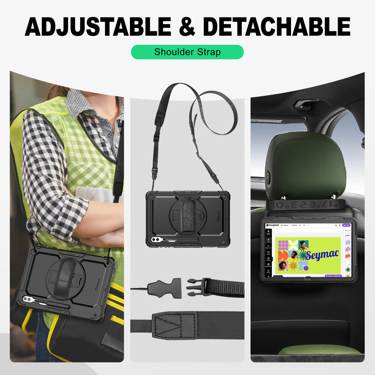 Samsung Galaxy Tab S10/S9/S8 Ultra 14.6-Inch rugged case with hand strap, adjustable & detachable shoulder strap