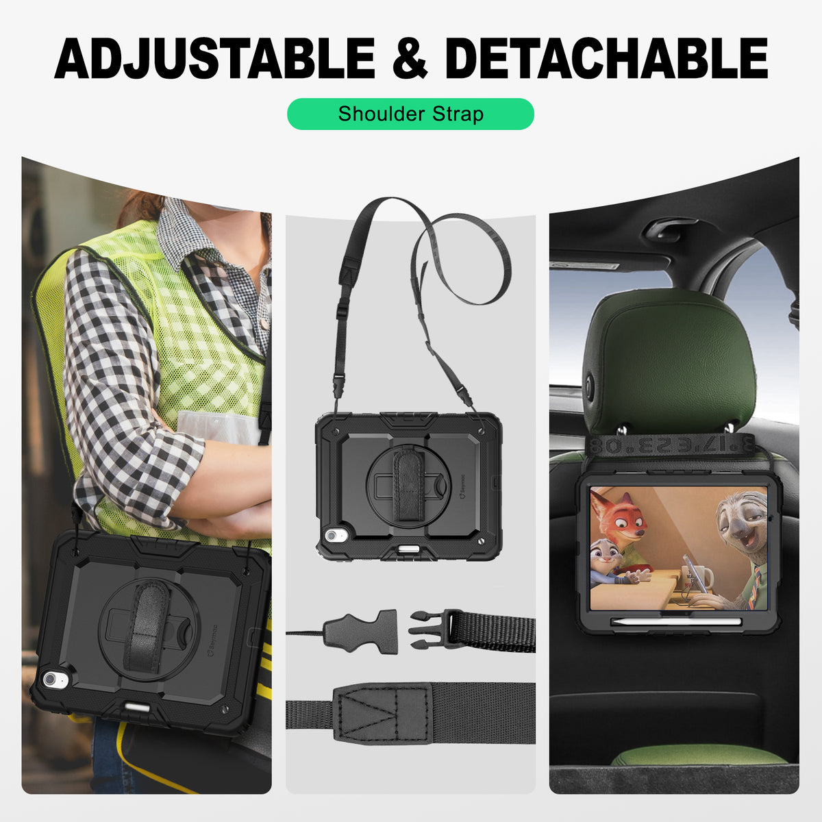 iPad Air 11-Inch (M4/M2/M3) rugged case with hand strap, adjustable & detachable shoulder strap
