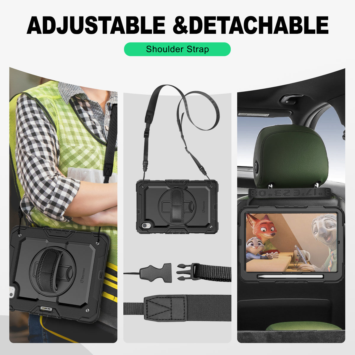iPad Pro 11 Inch (M5/M4) rugged case with hand strap, adjustable & detachable shoulder strap