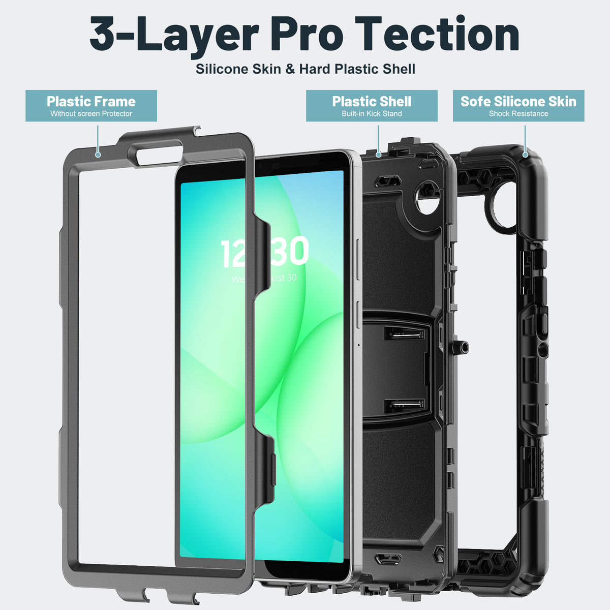 SEYMAC Galaxy Tab A11 8.7 Inch Case (2025) showing 3-layer protection with silicone skin and hard plastic shell.