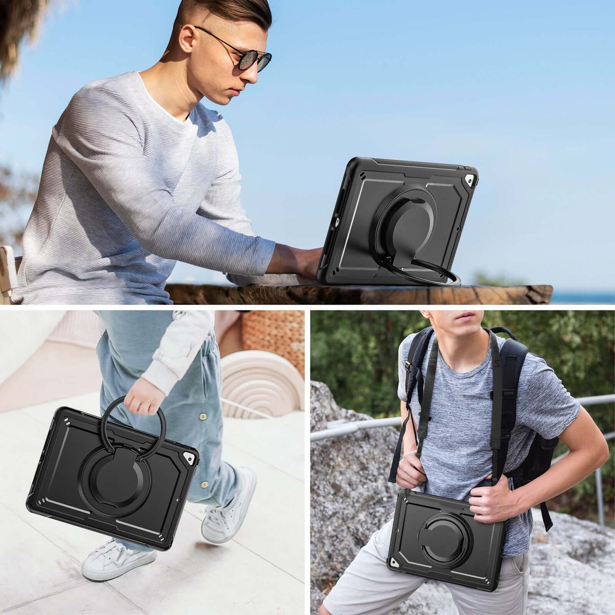 SEYMAC iPad Pro 10.5 Inch Case (2017) shown in use with kids and adults outdoors, featuring handle grip and durable design.