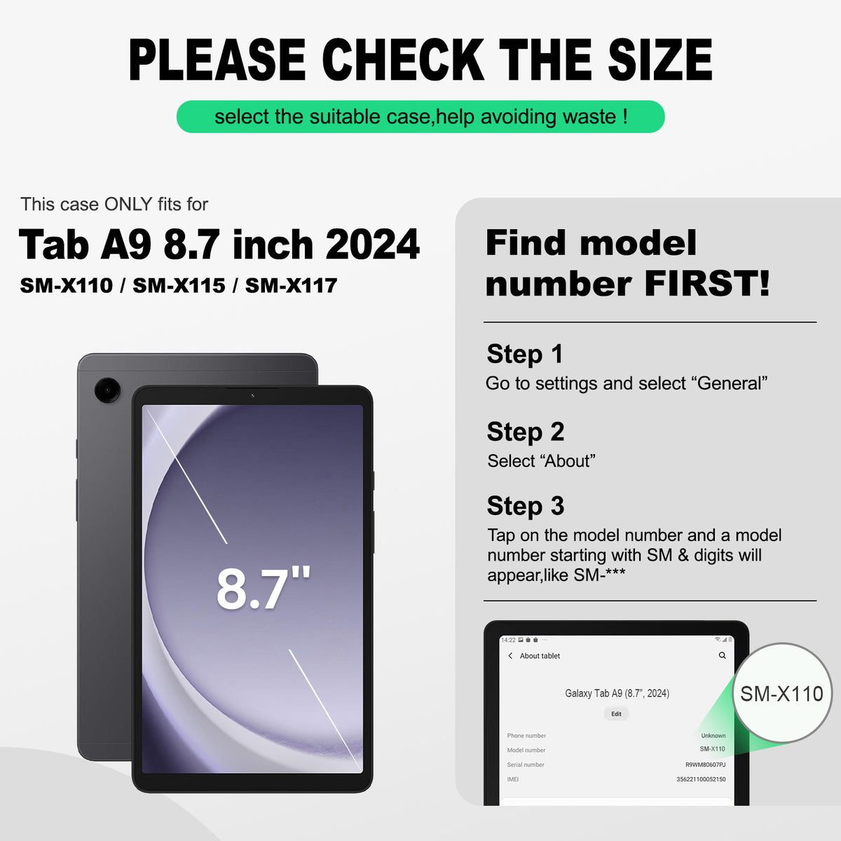 Samsung Galaxy Tab A9 8.7-Inch rugged case with hand strap, find your model number first