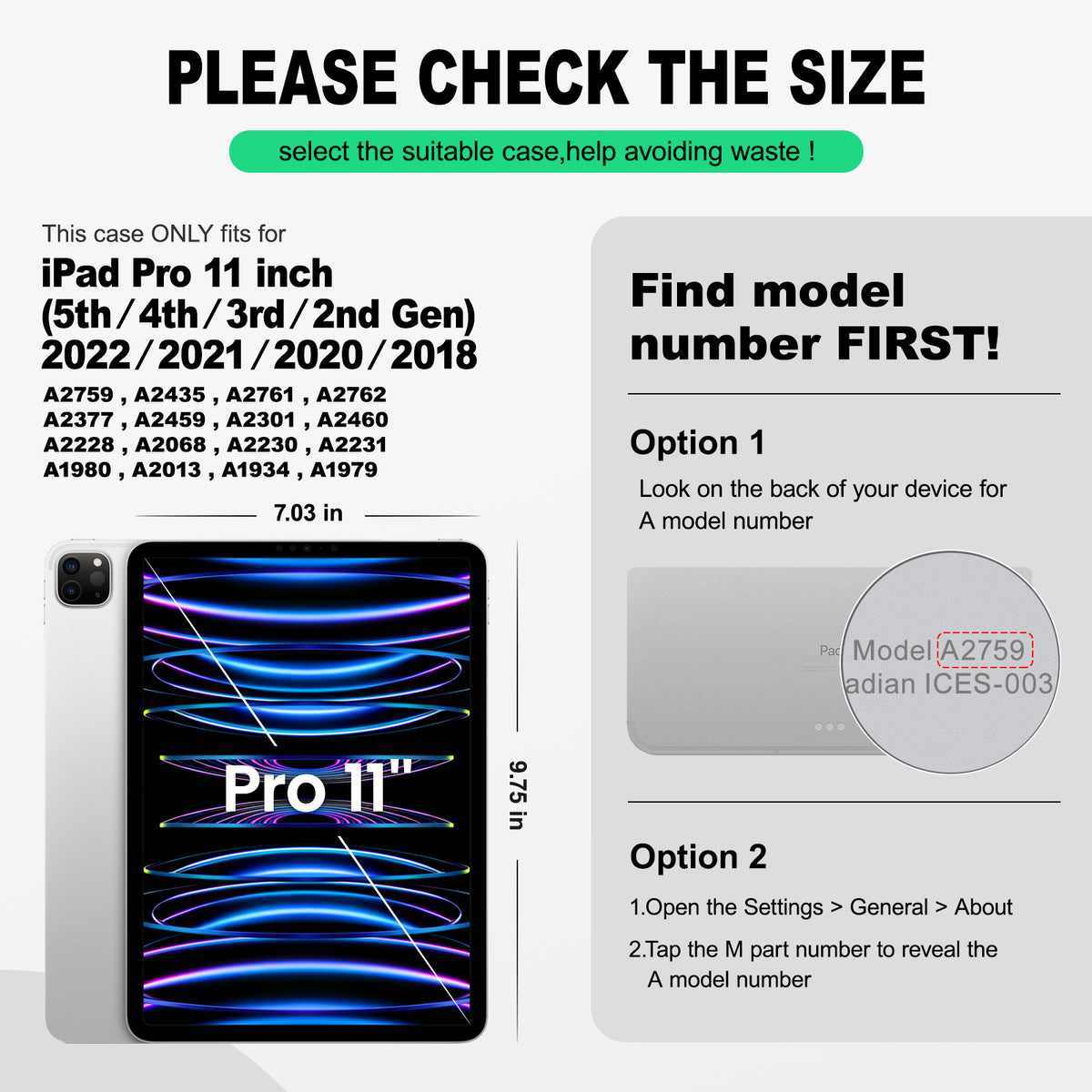 iPad Pro 11" (4th/3rd/2nd/1st Gen) rugged case with hand strap, find your model number first