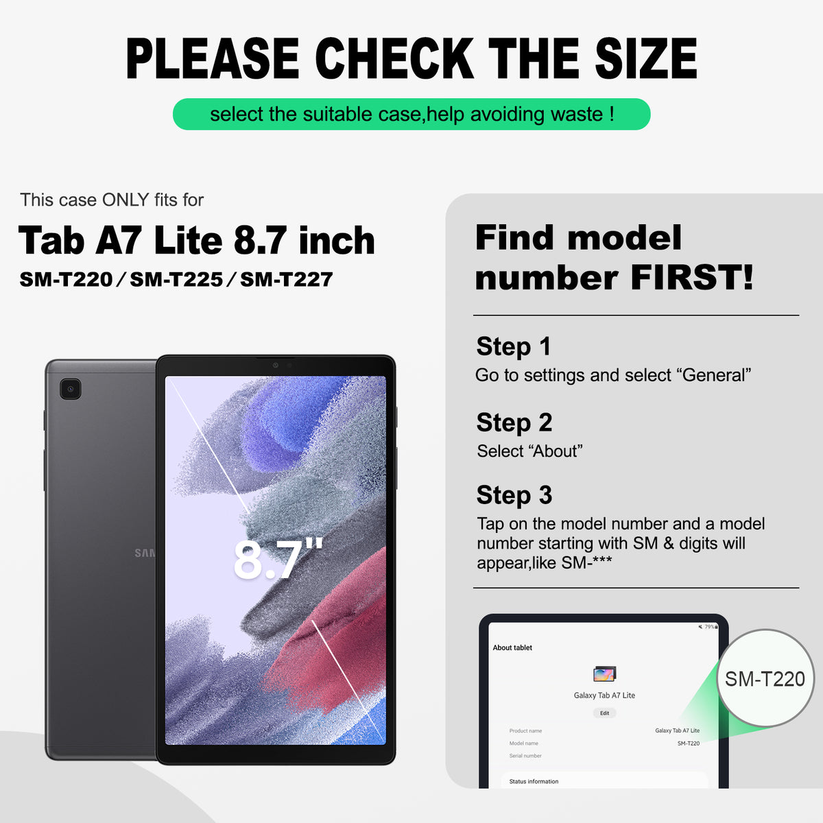 Samsung Galaxy Tab A7 Lite 8.7-Inch rugged case with hand strap, find your model number first