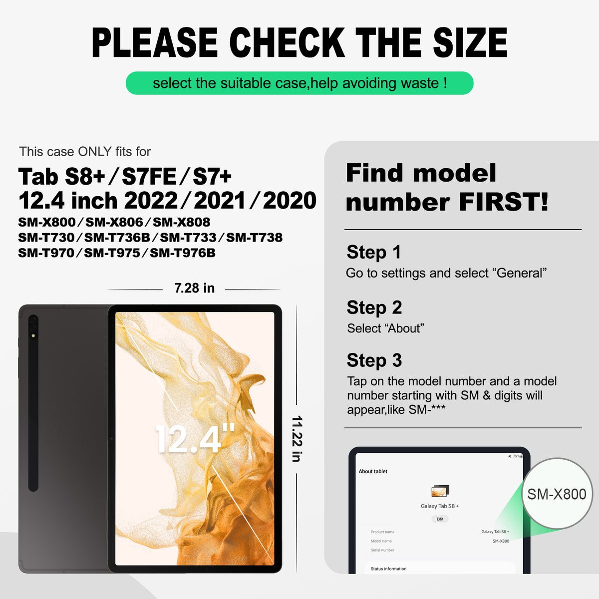 Samsung Galaxy Tab S8+/S7+/S7 FE 12.4 Inch rugged case with hand strap, find your model number first