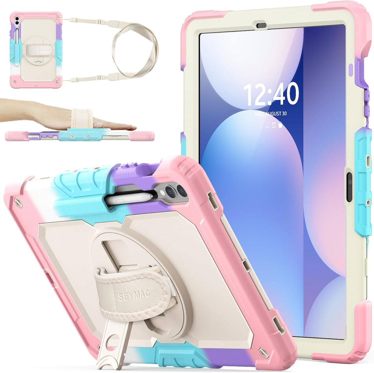 Samsung Galaxy Tab S10+/S9 FE+/S9+ 12.4-Inch rugged case with hand strap, Rainbow Pink