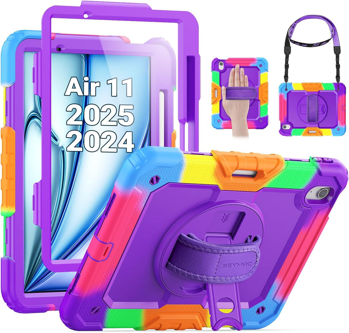 iPad Air 11-Inch (M4/M2/M3) rugged case with hand strap, Rainbow Purple