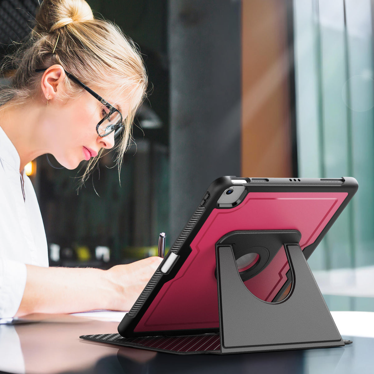 SEYMAC iPad Air 13 Inch Case (M2/M3) (2024/2025) with multi-angle stand and a user writing at a café.