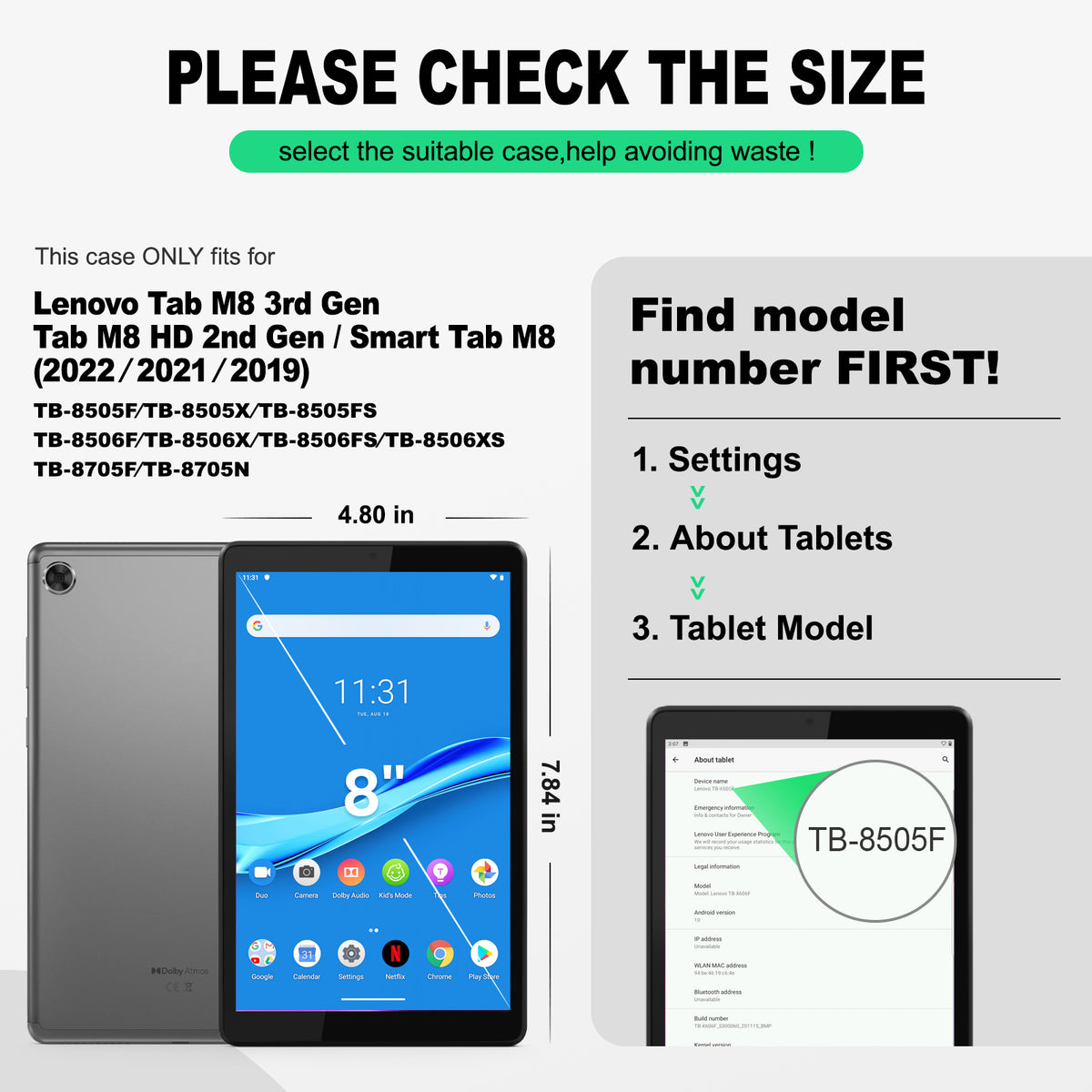 Lenovo Tab M8 (2nd/3rd) 8-Inch rugged case with hand strap, find your model number first