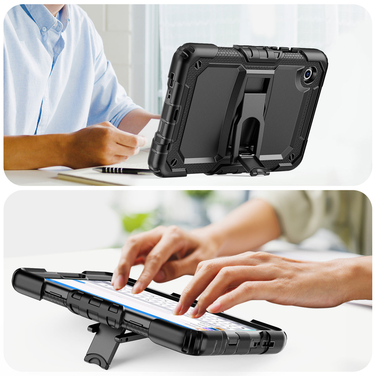 SEYMAC Galaxy Tab A11 8.7 Inch Case (2025) shown in use with built-in kickstand and durable design.