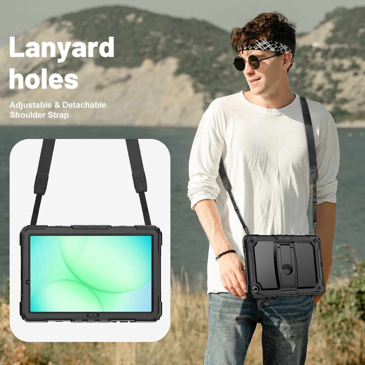 SEYMAC Galaxy Tab A11+ 11 Inch Case (2025) with adjustable lanyard holes and detachable shoulder strap.
