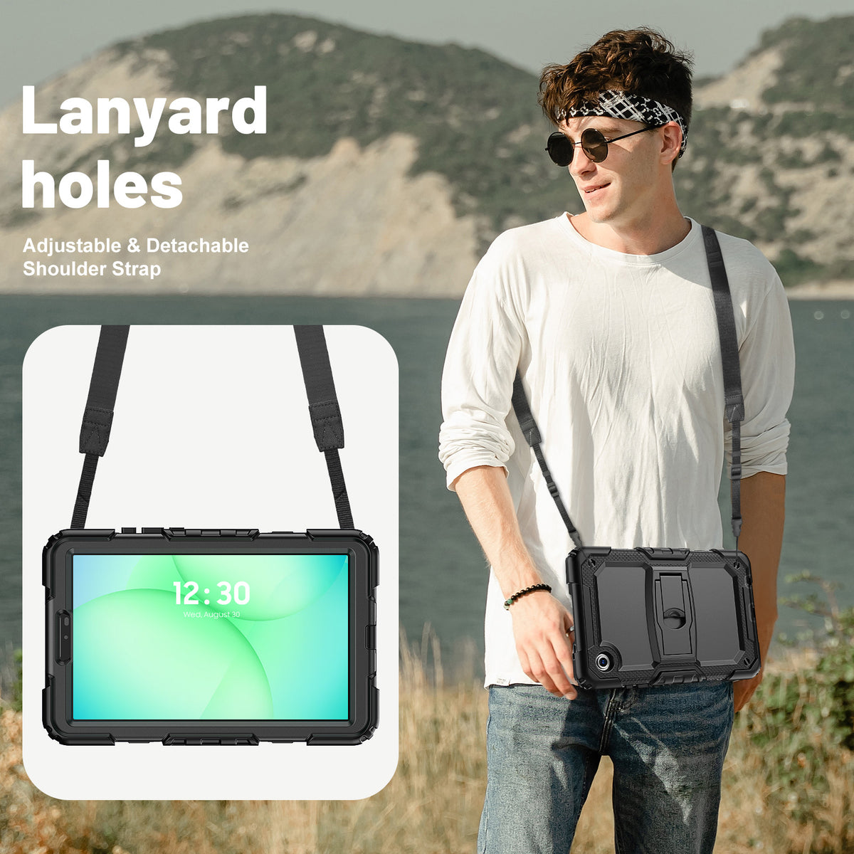 SEYMAC Galaxy Tab A11 8.7 Inch Case (2025) showing lanyard holes for adjustable shoulder strap.