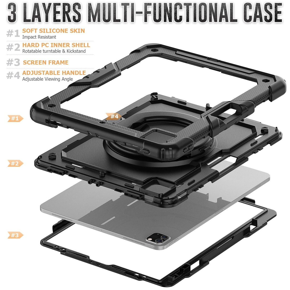 iPad Pro 12.9 Inch (3rd/4th/5th/6th Gen) Rugged Case with 360° Rotating Hand Grip